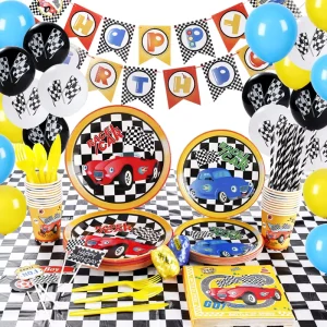 Race Car Birthday Party Decorations Set All-in-1 Checkered Flag Racing Theme Supplies for Boys Kids Automotive Themed Events