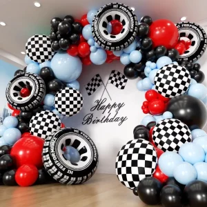 Racing Theme Tire Checkered Mosaic Balloons Garland Kit Set Boys Birthday Party Background Decoration