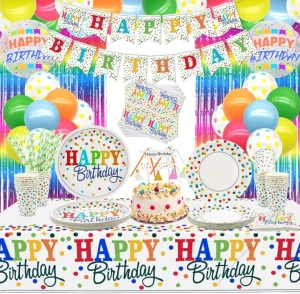 Rainbow Birthday Party Paper Plates Cups Napkins Tablecloth Straw Cake Topper Hanging Curtain Banner Pastel Balloon Kit Supplies
