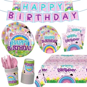 Rainbow Birthday Party Supplies Set Custom Paper Plates Cups Napkins Banner for Kids Birthday
