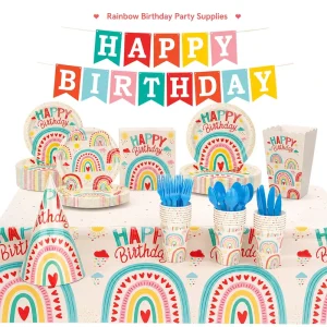 Rainbow Birthday Party Supplies Set Disposable Tableware Kit Kids Decoration Eco Friendly Bohemian Style Festival Vibe Paper