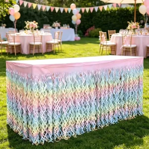 Rainbow Color Wave Shape Table Skirt PET Foil Fringe Curtains Hanging Backdrop Birthday Party Decoration