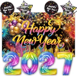 Rainbow New Year Party Decor Kit Gradient Foil Balloons Star Balloon Happy New Year Backdrop for Eve Decor
