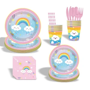 Rainbow Theme Disposable Tableware Set Girls Favor Party Paper Plates Napkins Birthday Party Supplies Decorations