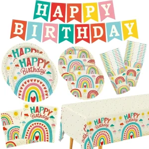 Rainbow Themed Birthday Party Supplies Set with Disposable Paper Plates Cups Napkins Tablecloth Banner for 25 Guests
