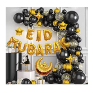 Ramadan Confetti Balloons Decorations Black Gold Balloon Arch Kit with Moon, Stars and Confetti Balloons for Eid Party