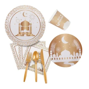 Ramadan Eid Mubarak Party Supplies Tableware Set White Gold Plates Napkins for Ramadan Party Decorations Celebration