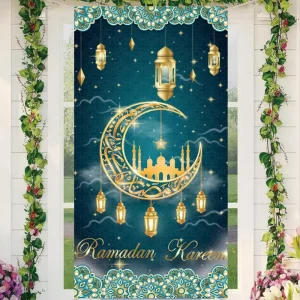 Ramadan Mubarak Door Banner Porch Decor Banner 5.9×2.95ft Custom Size 100% Polyester OEM Custom Festival Party Supplies for