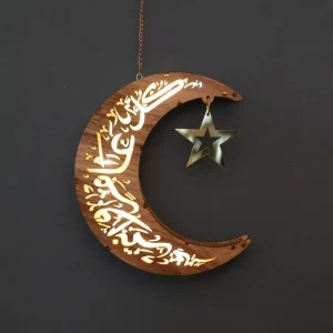 Ramadan Night Light Wooden Hanging Moon Shaped LED Religious Decor for Festivals and Activities Gift Idea