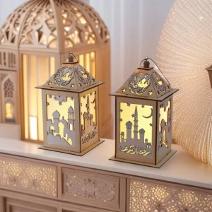 Ramadan Wooden LED Lantern Eid Mubarak Hollow out Mosque Moon Hanging Light Muslim Home Decor