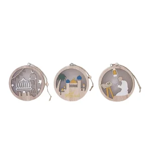 Ramadan Wooden Round Ornaments Muslim LED Illuminated Hanging Festival Home Party Decorations