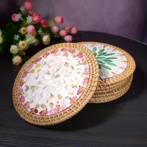 Rattan Round Heat Resistant Coaster Mat Anti-Scald Pot/Bowl/Plate Pad Teapot Holder with Chinoiserie Design