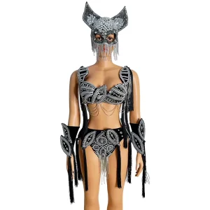 Rave Outfit Festival Clothing Costume Bikini Big Rhinestone Pearls Chain HeadGear Stage Clothing Accessories