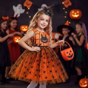 Ready in Stock Children’s Halloween Spider Pumpkin Print Sleeveless Tulle Princess Dress Kids Hot Sell Cosplay Children’s Dress