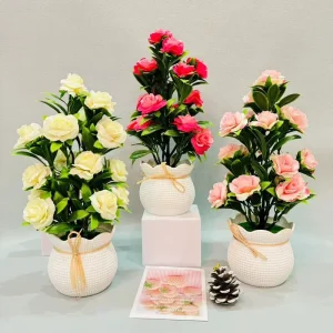 Realistic Artificial Rose Potted Plants Mini Silk Flower Bonsai in Decorative White Pots for Romantic Home Table Desktop Decor