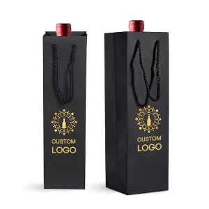 Recyclable Customized Logo Single Bottle Red Wine Packaging Gift Luxury Shopping Bags Black Kraft Paper Bag for Wine