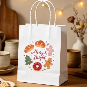 Recyclable White Kraft Holiday Tote Bags Festive Christmas Print Carry Bags Bulk for Boutique Holiday Packaging
