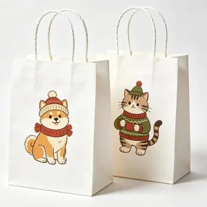 Recyclable White Kraft Paper Bags Christmas Themed Hand Tote Bags for Holiday Season Packaging Use