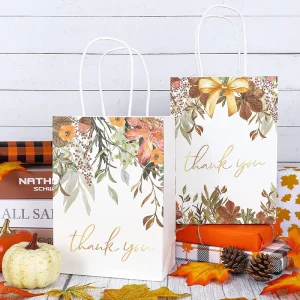 Recycled Kraft Paper Craft Gift Bag Maple Pumpkin Pattern Zipper Top Foil Gold Photo Frame Thanksgiving Holiday Wedding Birthday