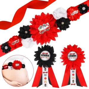 Red Black Race Car Baby Shower Maternity Sash Kit Vintage Racing Baby Shower Belly Belt Mom to Be and Dad to Be Corsage Pins
