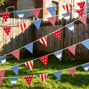 Red Blue Orange Cotton Bunting Pennant Banner with Spots Stars Stripes for Summer Festival Garden Party BBQ Pub Decor