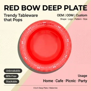 Red Bow White Melamine Soup Plate 8″ Round Deep Dinner Plates Unbreakable Festive Coquette for Wedding Gift Tableware