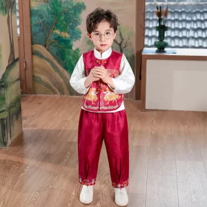Red Boy Spring Autumn New Chinese Style Red Tang Suit Set Traditional Chinese New Year Costume Clothing Suit Hanfu Top Pants