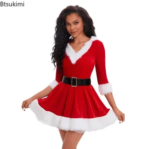 Red Christmas Cosplay Costume Fancy Christmas Dress Belt Ladies Santa Claus Carnival Party Costume Full Set