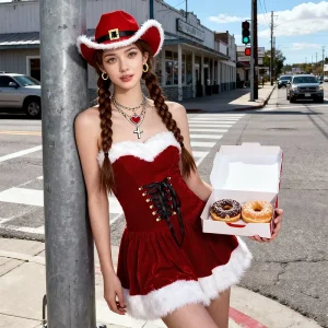 Red Christmas Costume Dress for Women Polyester Strapless Lace Up Mini Dress for Party Festival Stage Dance Performance