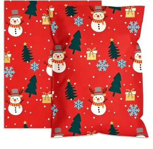 Red Christmas Snowman Xmas Tree Snowflake Print Drawstring Paper Gift Bag Winter Holiday Candy Cookie Present Packaging Bag