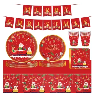 Red Christmas Theme Party Tableware Set Train Party Paper Decoration Set Disposable Party Paper Napkin Cup Plate Supplies