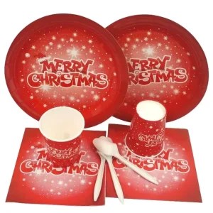 Red Christmas Themed Guangdong Paper Dinnerware Set Festive Disposable Tableware for Holiday Celebrations