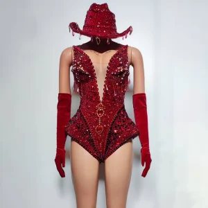 Red Diamond Dance outfit Chic and Classy Performance Wear Dance Costume Luxury Women’s Sexy Bling Bodysuits With Hat