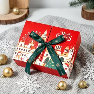 Red Double Door Luxury Christmas Gift Box with Green Ribbon 1200gsm Paper Packaging for Christmas Holiday Presents