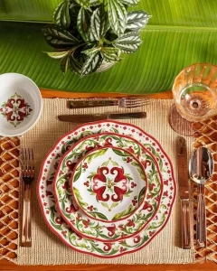 Red Floral Ceramic Dinnerware Set Scalloped Edge Porcelain Plates Cup Vintage Style Tableware Bone China Kitchenware Dishes