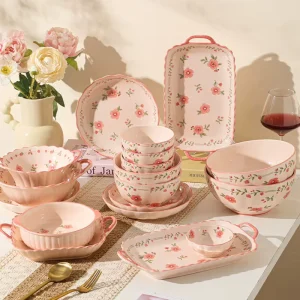 Red-Glazed Ceramic Tableware Set Includes Soup Bowls Fish Plates Bowls for Wedding Festive Dinnerware for Home Use