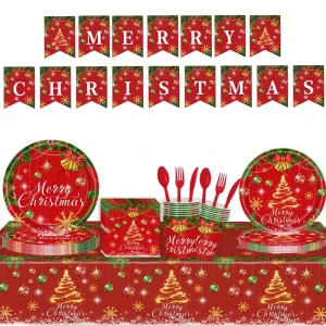 Red Gold Christmas Tree Disposable Tableware Set Party Plates Napkins Cups Banner for Xmas Holiday Home Party Supplies