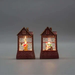 Red Gold Trim Brick House Christmas LED Snow Globe Santa Snowman Glitter Light for Xmas Decor
