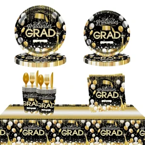 Red Graduation Party Supplies Disposable Tableware Set Academic Hat Theme Paper Plates Tablecloth for College Celebration