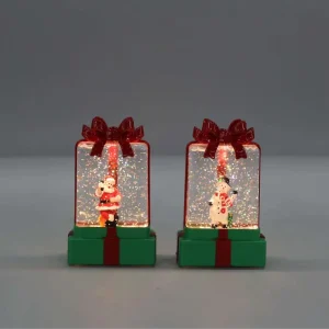 Red & Green Gift Box LED Snow Globe Lantern Swirling Glitter Christmas Home Decor Portable IP44 Rated