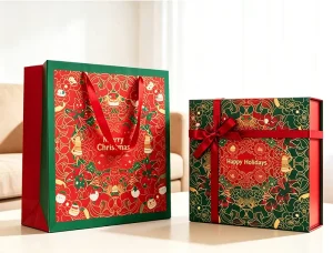 Red Green Gold Foil Christmas Pattern Paper Gift Bag Wide Red Satin Ribbon Handle Merry Christmas Holiday Present Shopping Bag