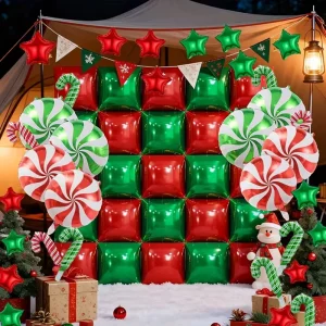 Red Green Square Double Sided Wall Backdrop Candy Star Foil Balloons Garland Arch Kit for Christmas New Year Party Decorations