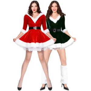 Red Green V-neck Women’s Adult Christmas Velvet Dress Cosplay Costume for Holiday Parties