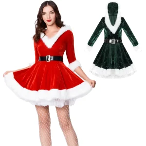 Red Green Velvet Long Sleeve with Hood Christmas Adult Women’s Dress Holiday Party Dress for Adult