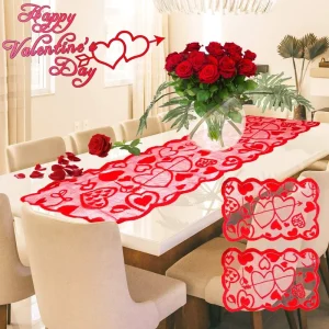 Red Heart Print Lace Table Runner Set for Valentine’s Day, Wedding, and Mother’s Day