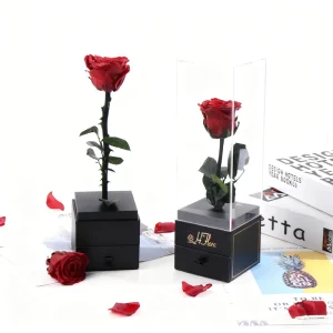 Red Preserved Roses with Stem in Square Acrylic Box for Graduation Gifts