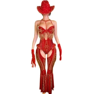 Red Rhinestone Tassel Bodysuit Pants Festival Clothing Carnival Rave Party Outfits Cowboy Women Showgirl Dancer Party Costume