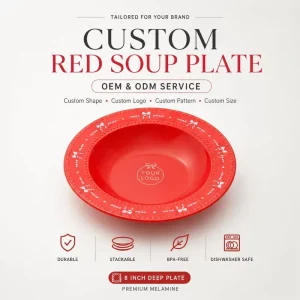 Red Ribbon Dessert Plates 8 Inch Melamine Deep Plate Shatterproof for Christmas Holiday Banquet Tea Party Stackable