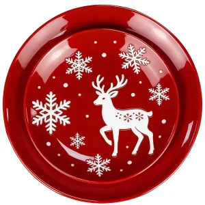 Red Round Reindeer Printed Melamine Dinner Service Main Course Plate and Salad Side Dishes for Christmas Party