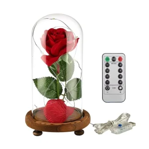 Red Silk Rose in LED-Lit Glass Dome Decorative Flower Gift for Valentine’s Day Mother’s Day Wedding Anniversary Birthday